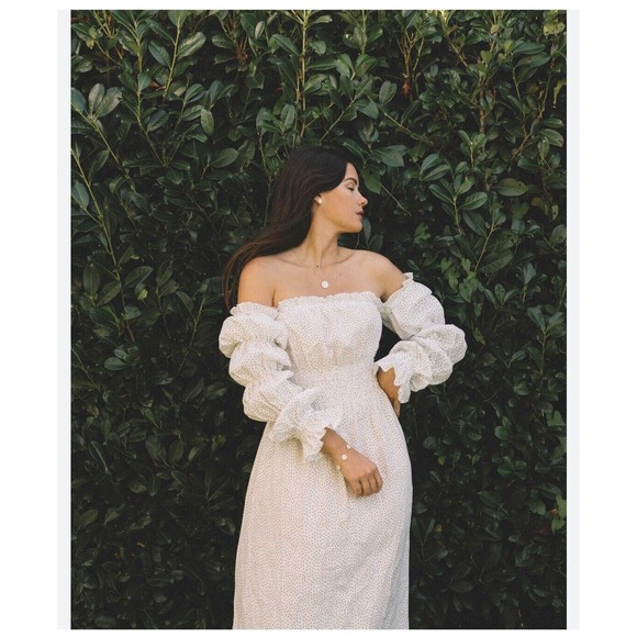 Sleeper Michelin Dress 100% Linen White & Pink Little Roses Off Shoulder NWT XL - Picture 6 of 16